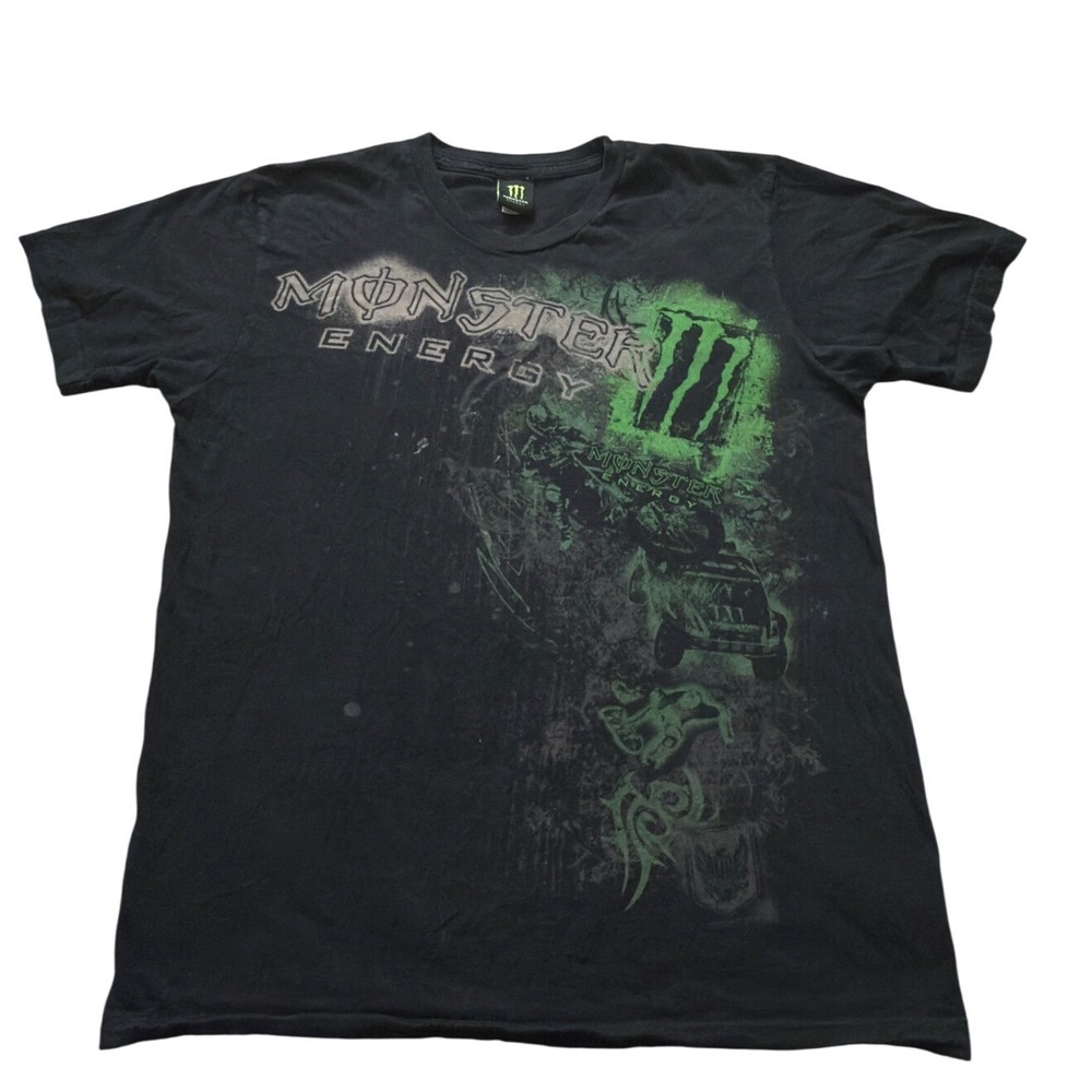 Monster Energy Mens Graphic T-Shirt Black Distressed Off-Road Racing Large Y2K